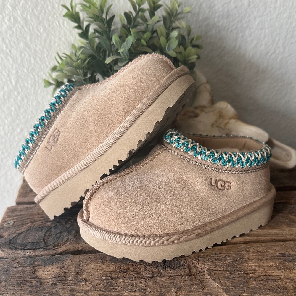 UGG Cream Suede Baby Shoes with Teal Trim